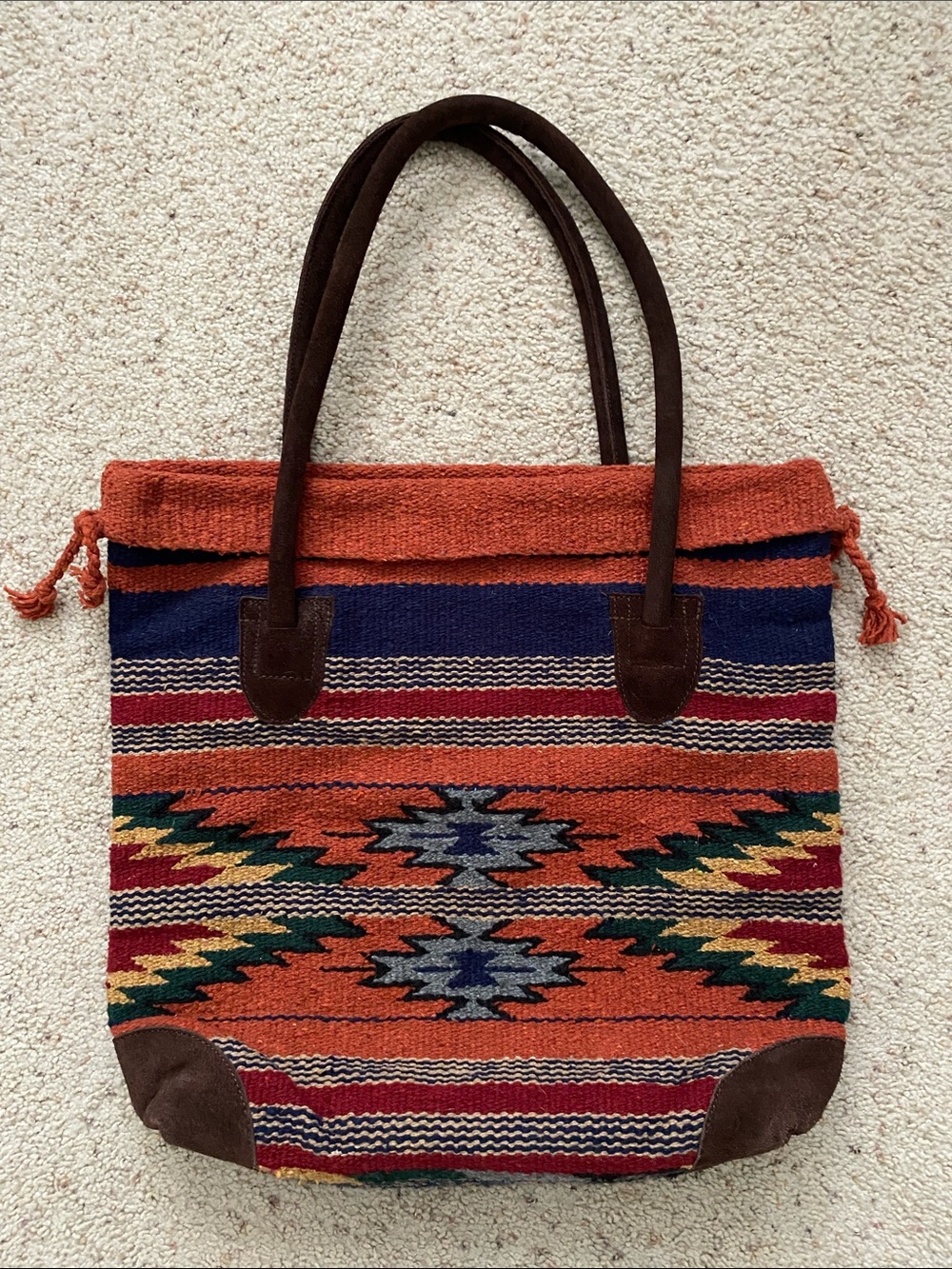 AJ Tack “Monterey Tote” Southwestern Rug Weave/Brown Suede Bag.